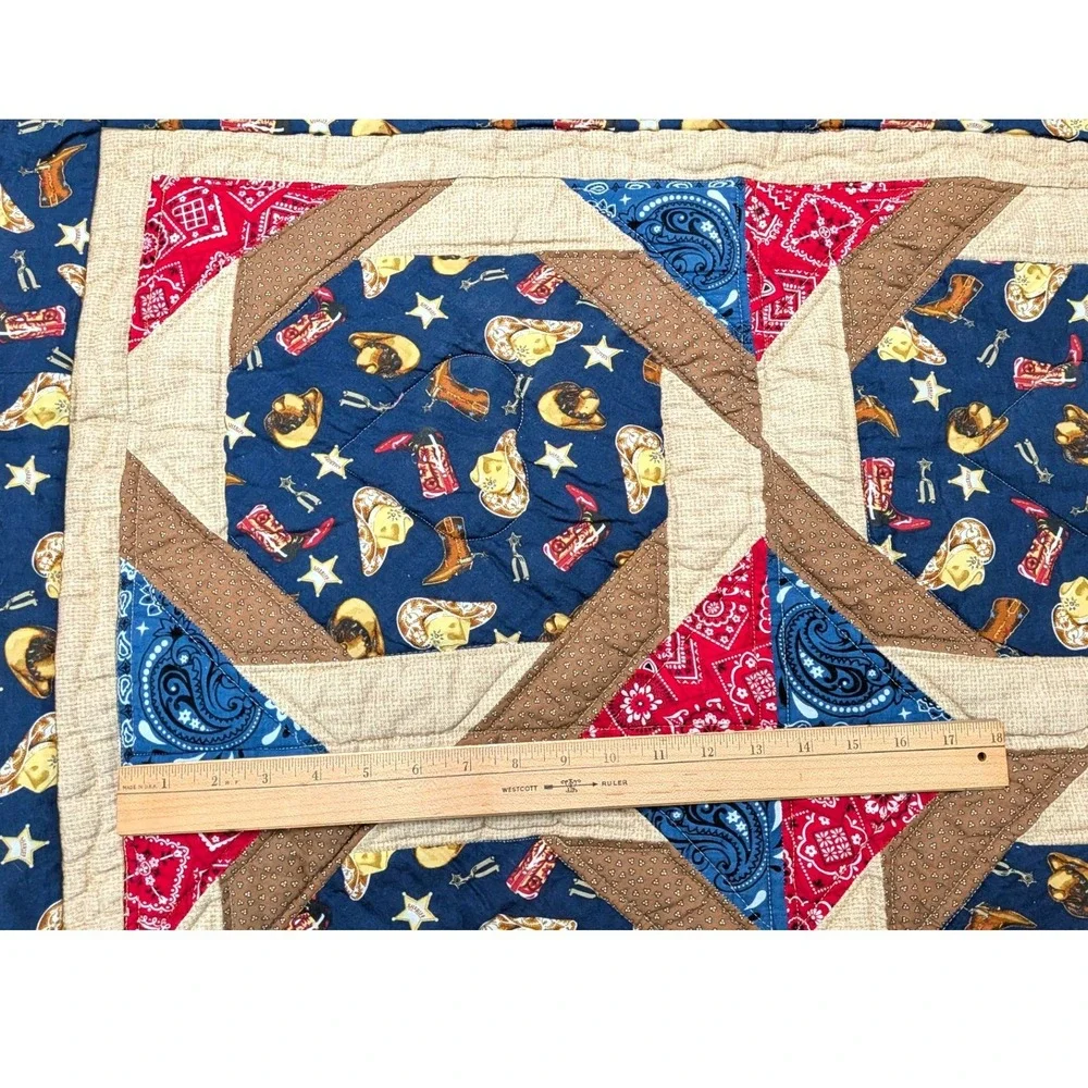 Handmade Western Cowboy Patchwork Quilt Navy Blue Red Bandana Nursery 36x47
